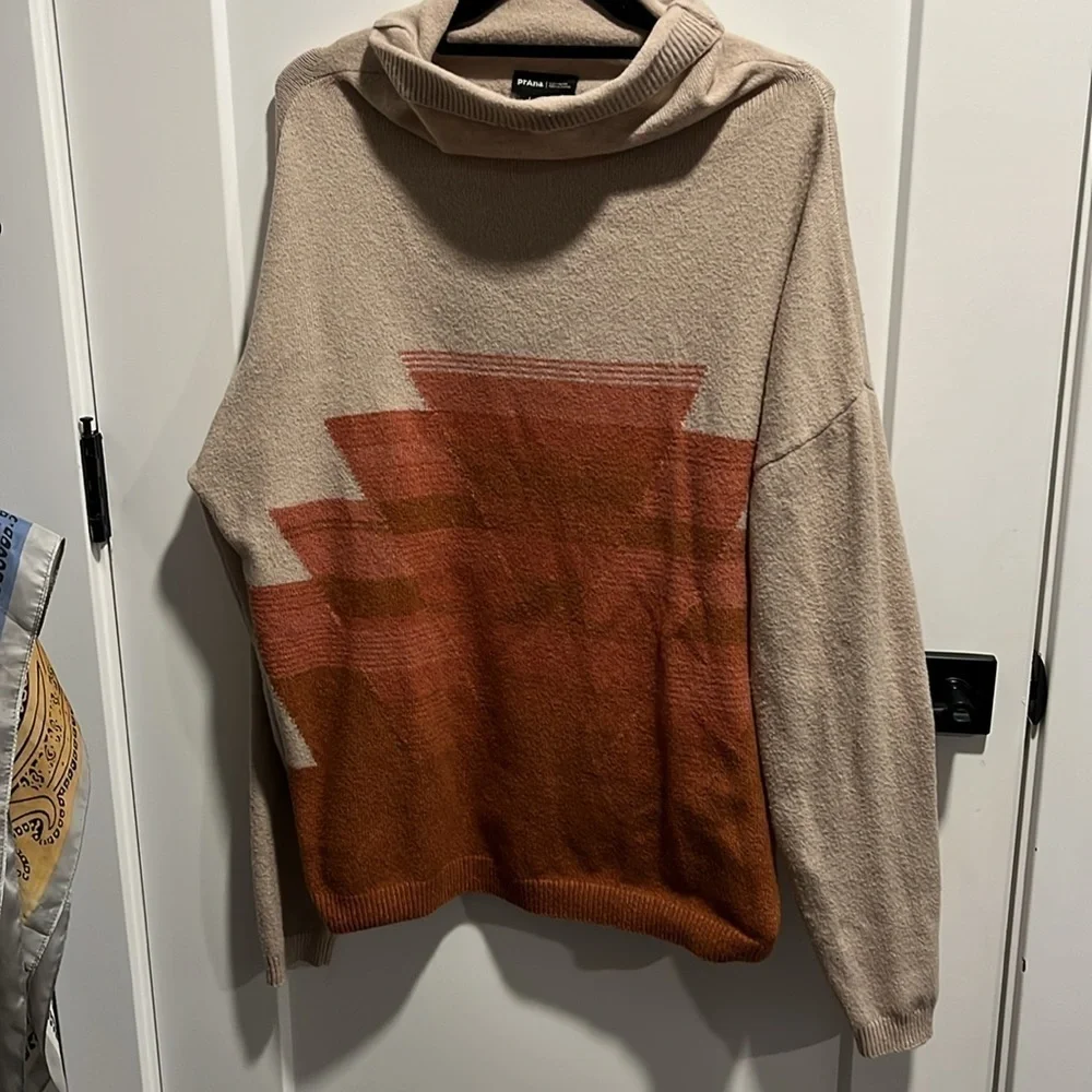 Prana Frosted Pine Beige/Orange Mock Neck Pullover Knit Granola Girl Sweater